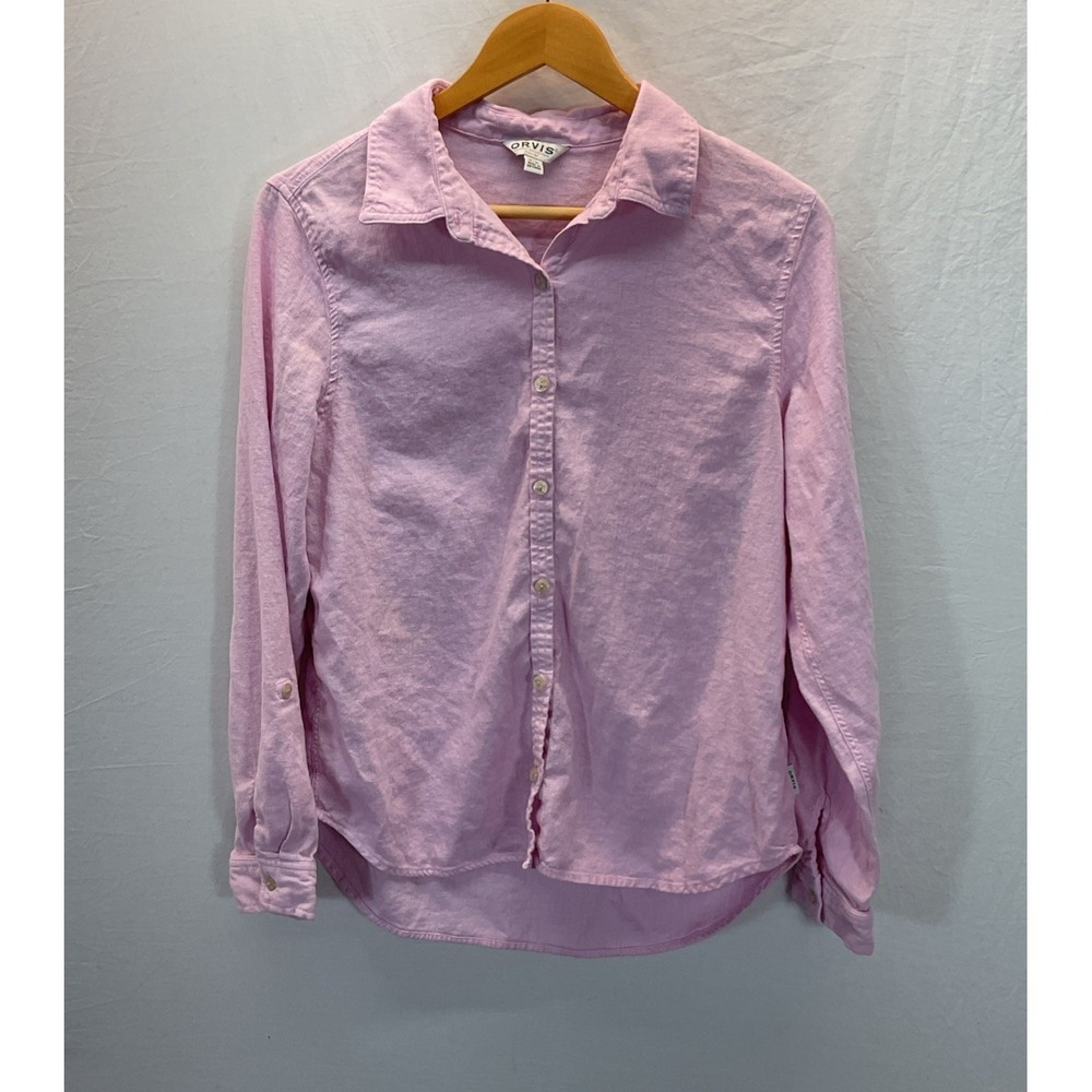 Orvis Top Women M Pink Linen Blend Casual Button Front Roll Tab Slv Beach Cruise